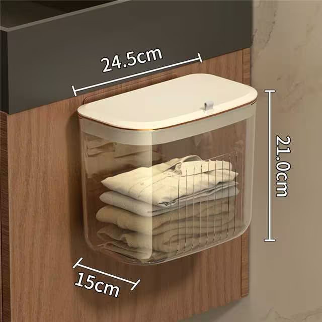 Luxe aan de muur gemonteerde wasmand, zonder boren, hangende mand voor vuile kleren met deksel voor badkamer/slaapkamer, transparante opbergbak: Roze