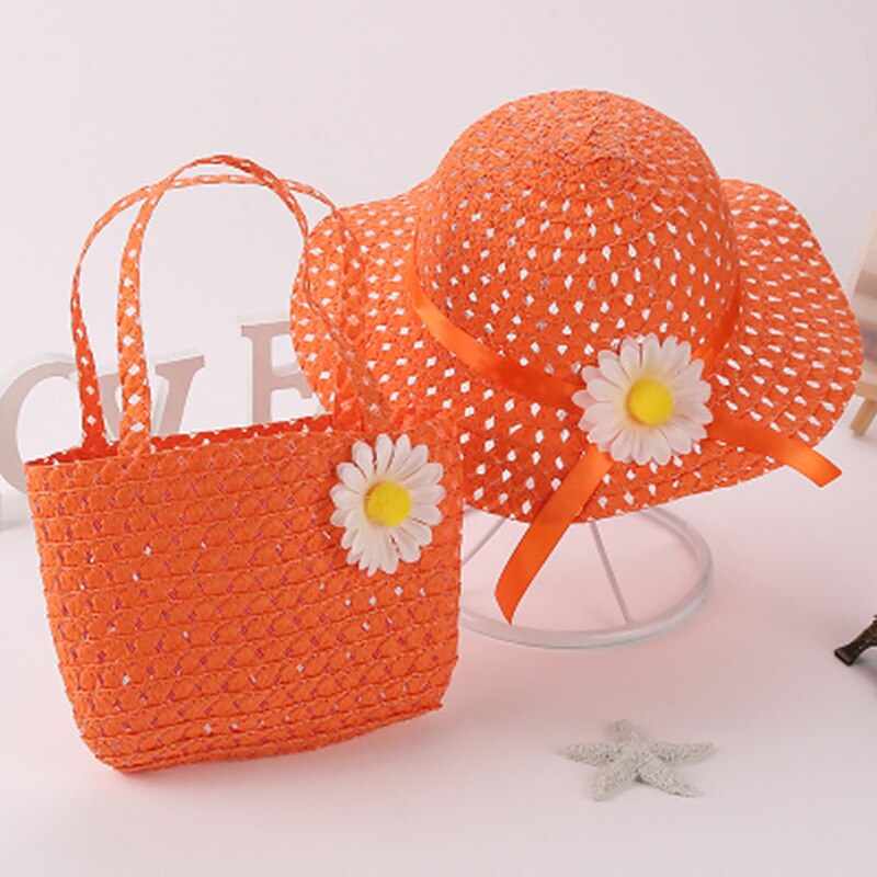 Straw Hat Summer Children Sun Flower Solid Color Lace Sun Hat Kids Sweet Bonnets Girl Beach Travel Hat Cap With Woven Basket: 18 With Basket