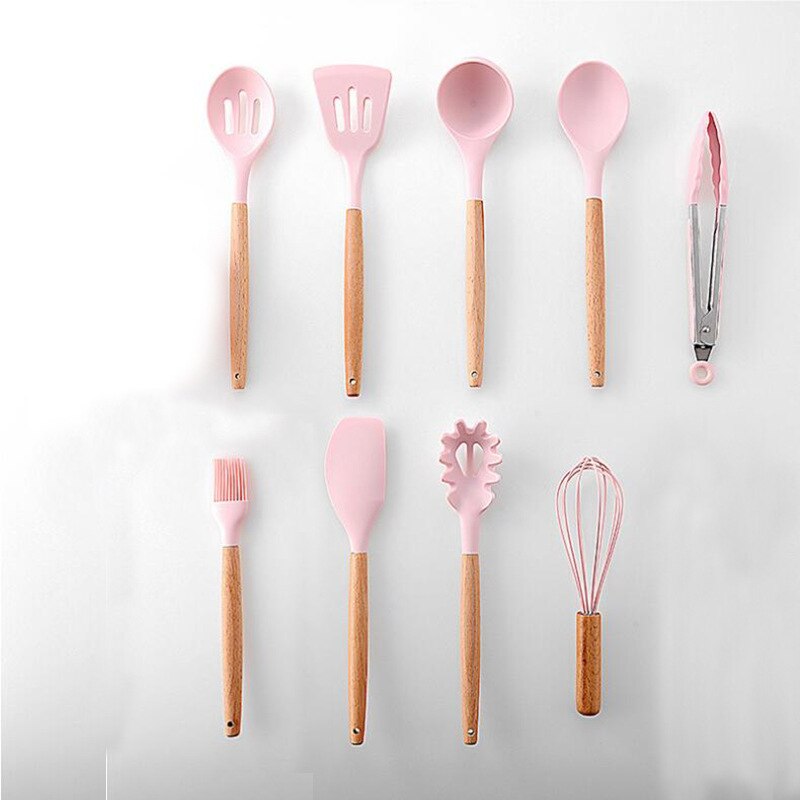 Ensemble d'ustensiles de cuisine en Silicone 11 pièces, poignée en bois massif rose avec boîte de rangement, accessoires d'outils de cuisine Kit de cuisine: Pink 9pcs B