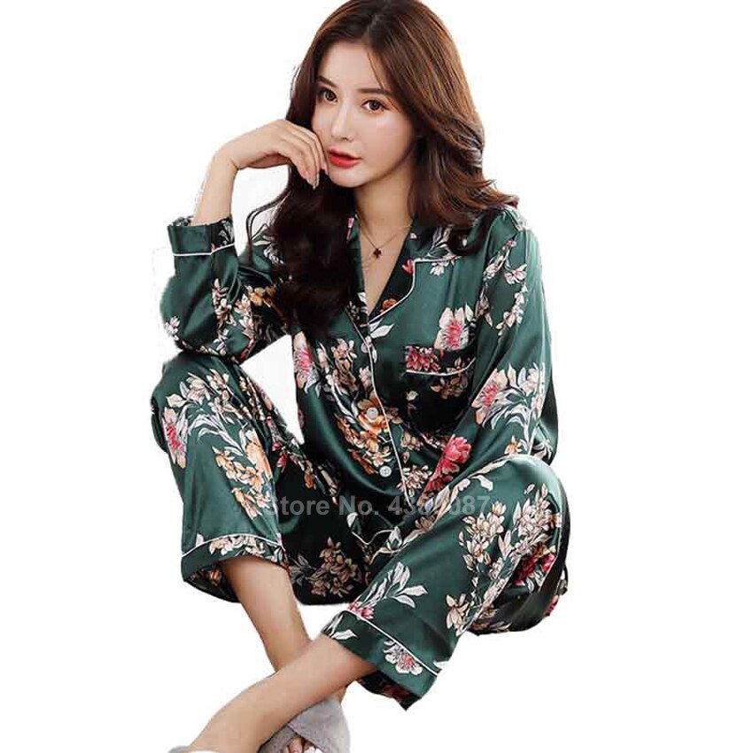 Japansk stil silke nattøj sæt til kvinder blomster glat behageligt hjemmebrug langærmet pyjamas badning yukata kimono natkjole