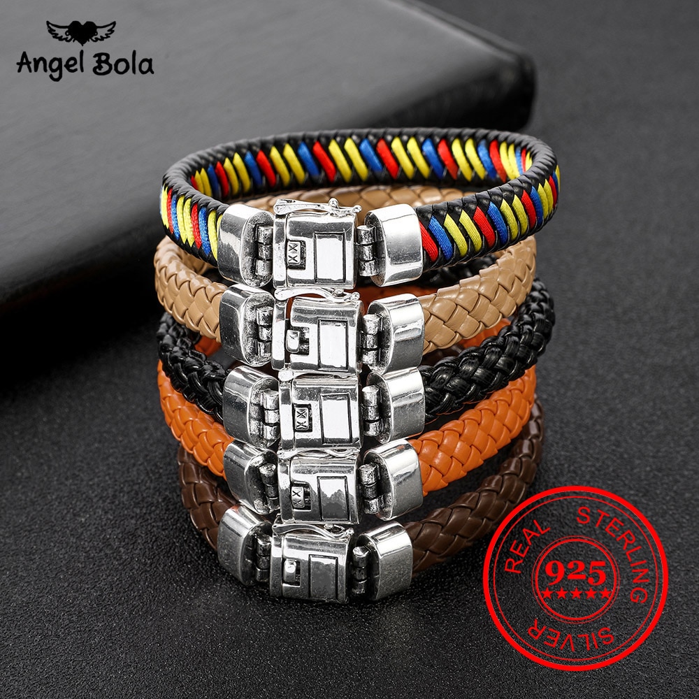 925 Silver color Men Jewelry Buddha Bracelet Wristband Punk Black Braided Leather Bracelet for Men Safty Clasp Bangles