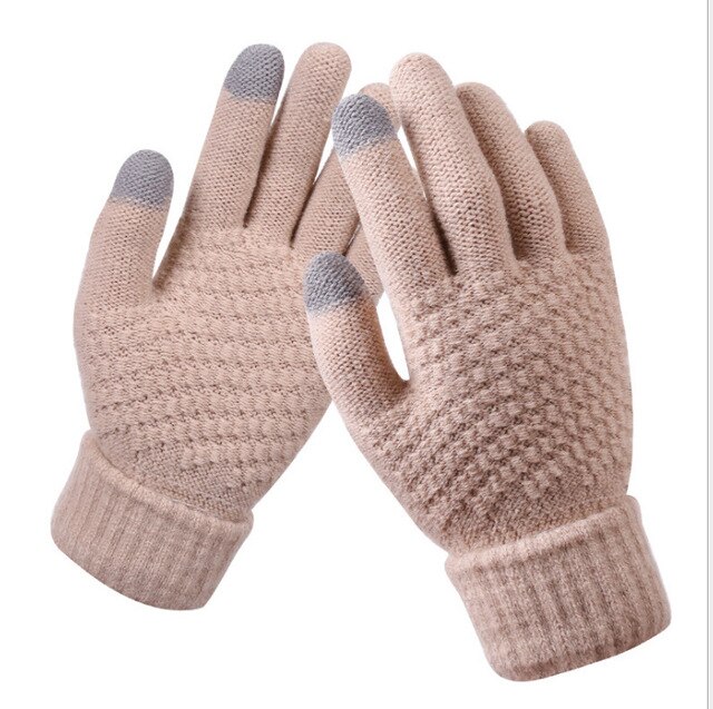 Guantes cálidos de invierno para pantalla táctil para hombre y mujer, de Cachemira fría, lana gruesa, de punto, para dedo completo, de Año: Skin
