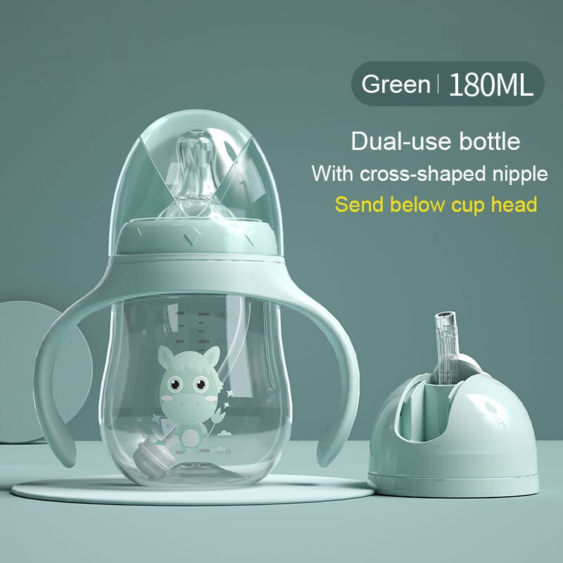 Baby Flessen Drinkbeker Zuigfles Brede Kaliber Multifunctionele Melk Drinken Water Tweeërlei Gebruik Fles Bpa Gratis: Green 180ml cup head