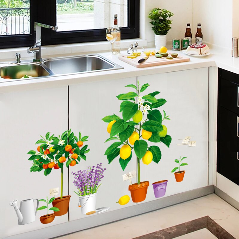 Large 3D Potted Plant Wall Stickers Lemon Orange Tree Lavender Decals Kitchen Corridor Living Room Decor Mural Vinyl Baseboard