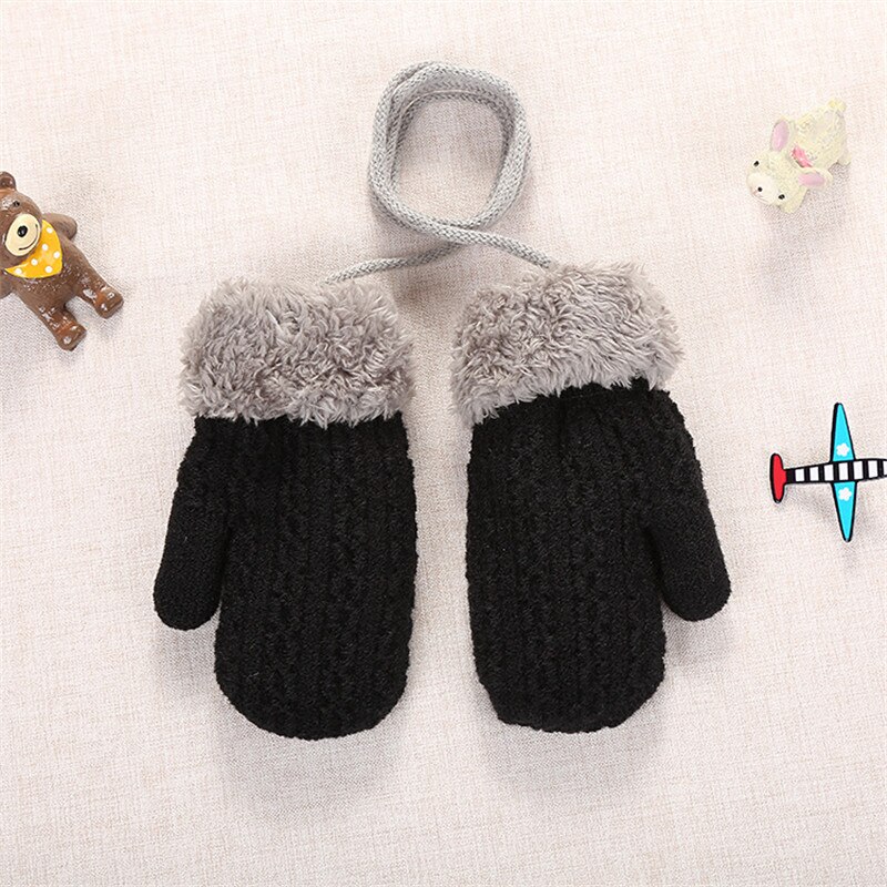 Baby Winter Knitted Warm Gloves With Rope Children Kids Infants Patchwork Outdoor Mittens Wool Plush Thick Gloves