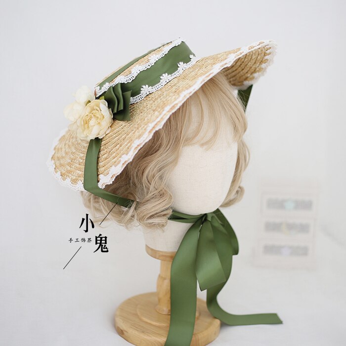 Sombrero de paja de flor con lazo bonito de Lolita, tocado para niñas, sombrilla plana, sombrero plano, adornos para el cabello hechos a mano, Cosplay