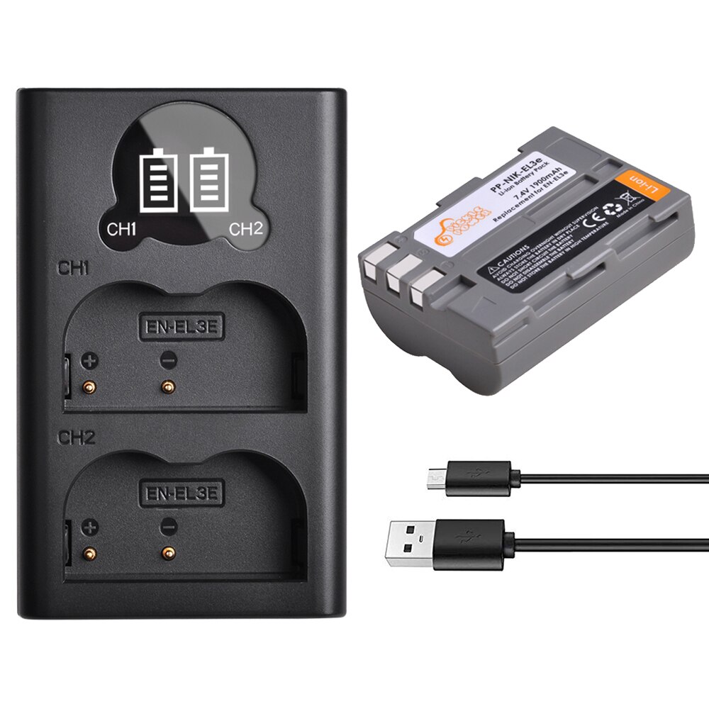 2 pc 1900 mah en -el3e sv  el3e kamerabatteri och led -laddare med typ c -port för nikon  d50 d70 d80 d90 d100 d200 d300 d300s d700.: Laddare och 1 batteri