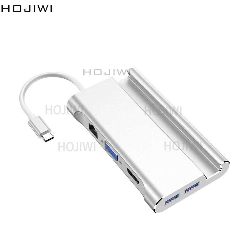 HOJIWI-concentrador tipo C 7 en 1, adaptador de USB-C a HDMI, 4K, VGA, soporte de teléfono móvil, Hub USB 3,0, para MacBook Pro AIR, huawei mate AA04