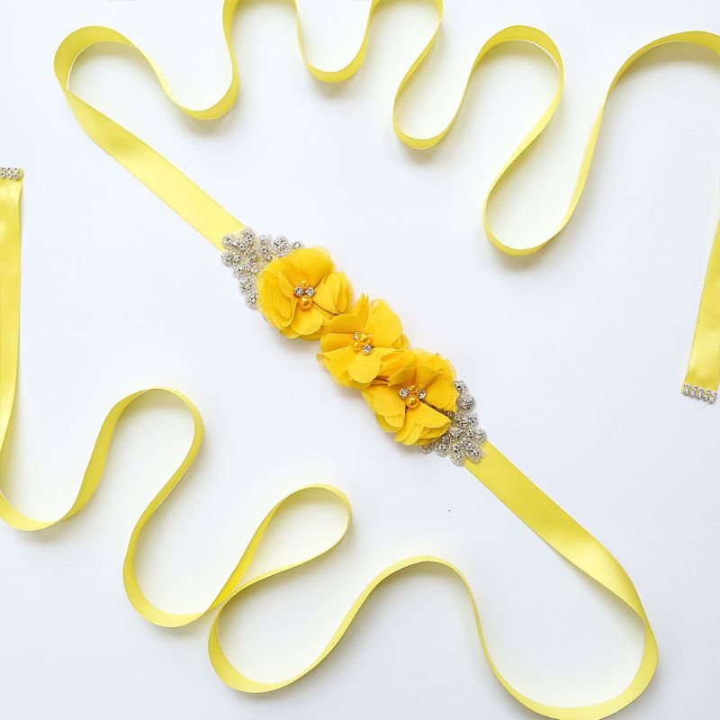 fajín de Tres flores para mujer, pretina de cuentas de estrás, fajín nupcial, fajín para boda, vestido ceñido en la cintura, cinturón, 12 colores: Amarillo