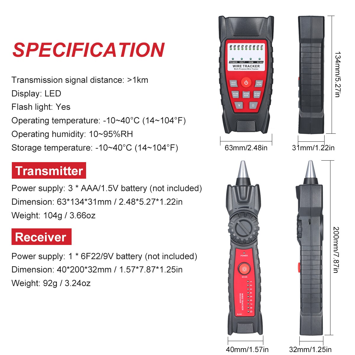 Rastreador de cables multifuncional portátil, probador de Cable RJ11 RJ45, buscador de línea de teléfono y Red con conector de auriculares, luz LED