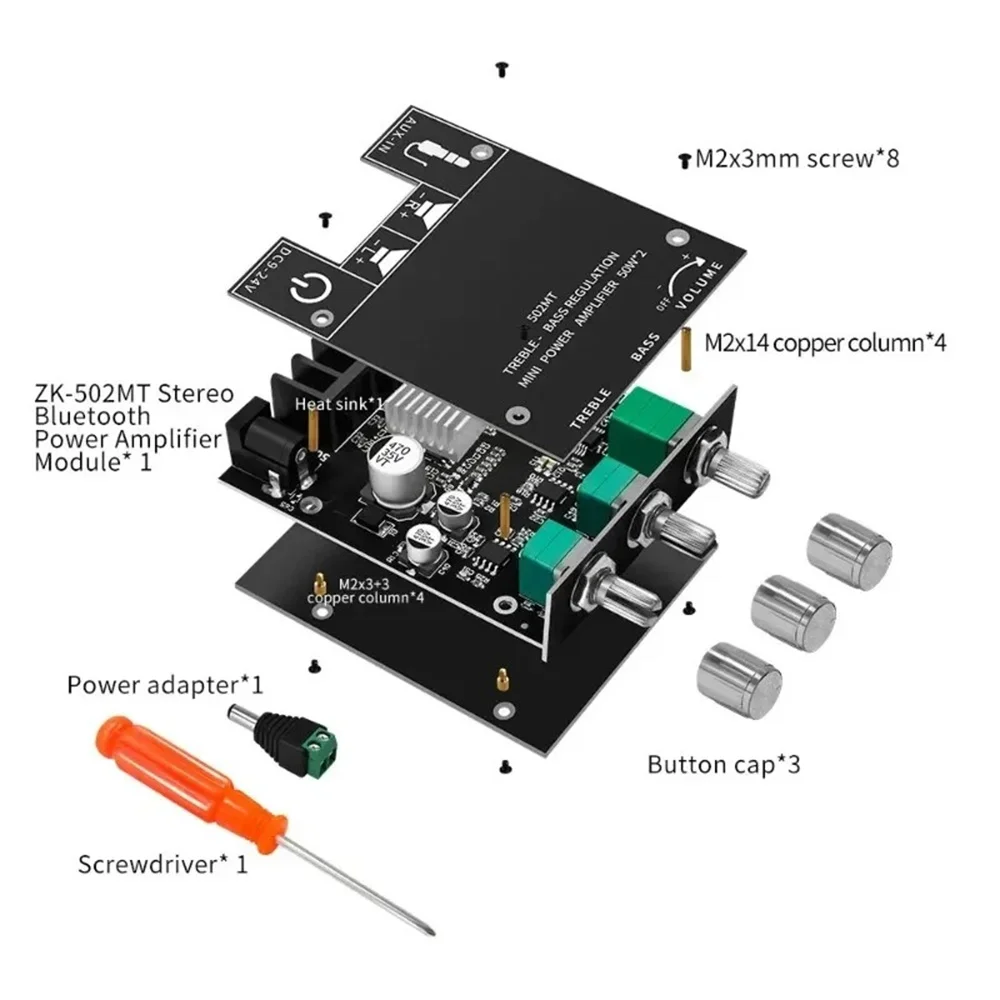ZK-502MT 2X50W Bass AMP Bluetooth 5.0 Subwoofer Amplifier Board Channel High Power Audio Stereo Amplifier Power Subwoofer Board