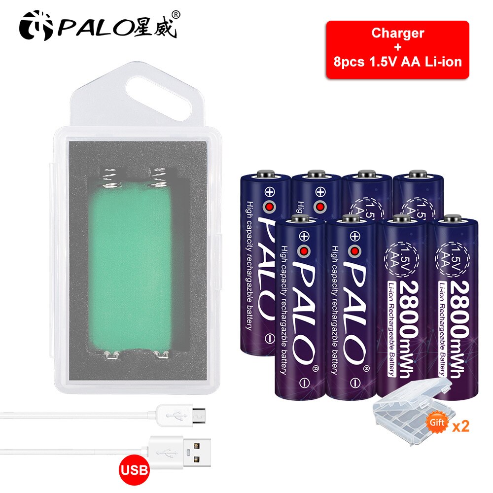 Palo 2-8 Stuks 1.5V 2800mWh Aa Li-Ion Lithium Batterij 1.5V Aa Oplaadbare Batterij Voor Camera Speelgoed + Usb Battery Charger Case: 8 AA 1 charger
