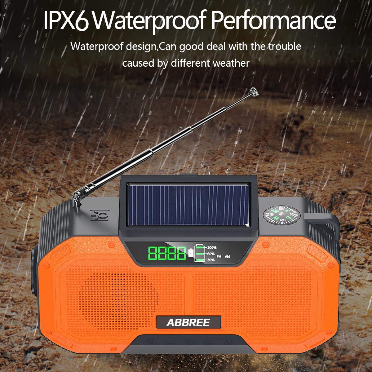 ABBREE IPX5 Waterproof Auto Scan Emergency Radio Solar Hand Crank Portable AM/FM radio 2000mAh/5000mAh with Flashlight