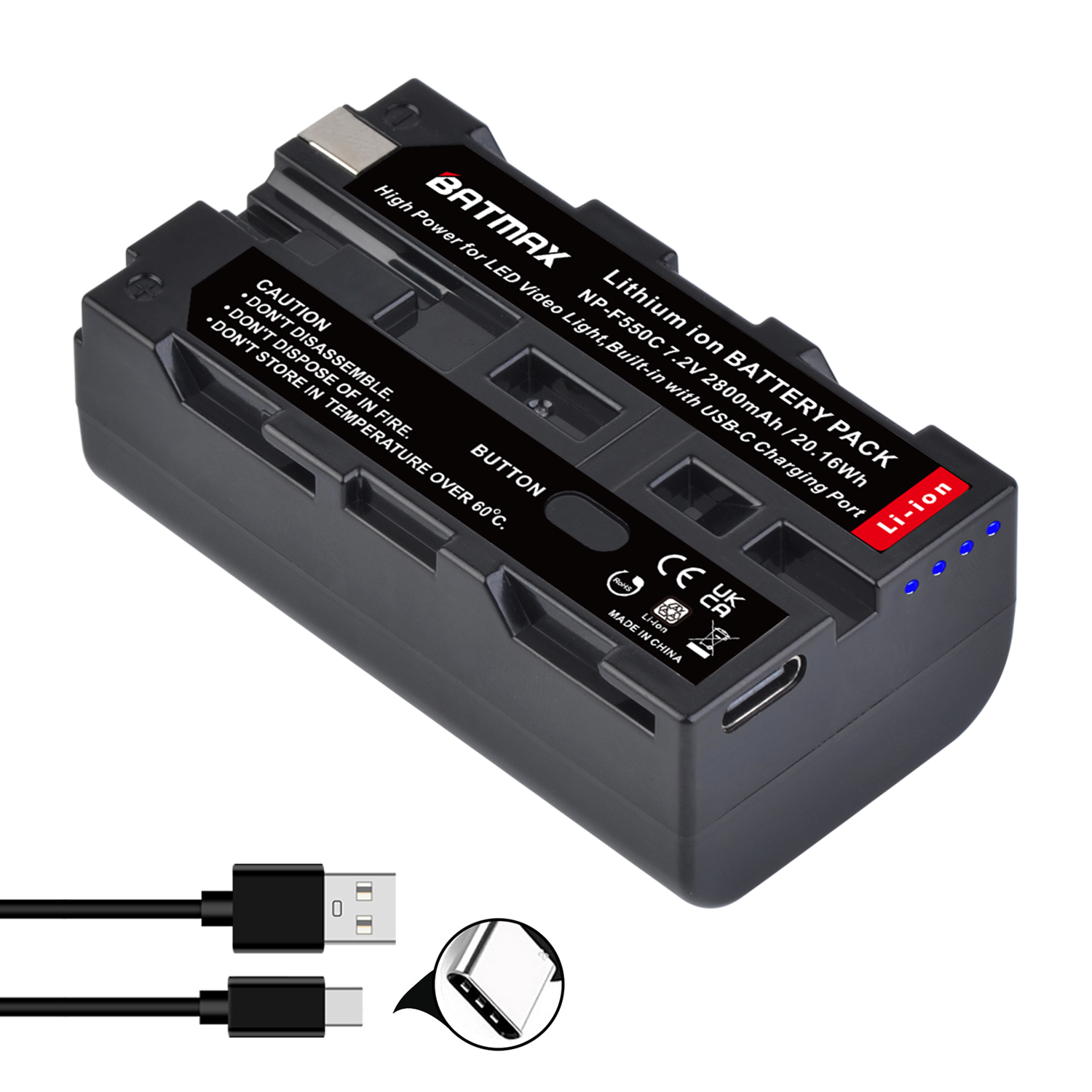 2800 mah innebygd usb-c ladeport batteri for np -f330 np-f530 np f550 np-f570 np-f750 led videolampe fotograferingsbelysning: Hvit