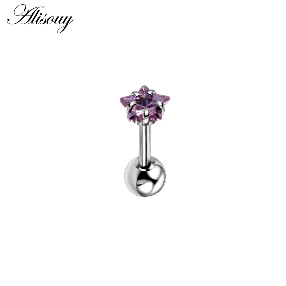 Alisouy 2pcs Star Prong set Zircon Ear Cartilage Piercing Tragus Helix Studs Piercing 1.2x6x4/4mm Stainless Steel girl Earrings: Purple