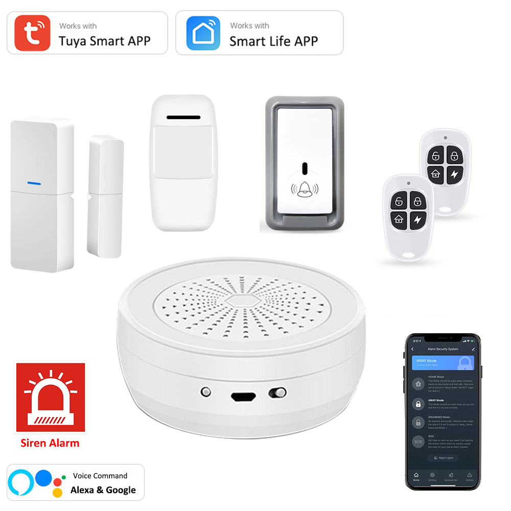 DPK4 Tuya Smart Home Alarm System Door Sensor PIR Doorbell SOS Alexa Google Voice Command Arm/Disarm system with Security Code