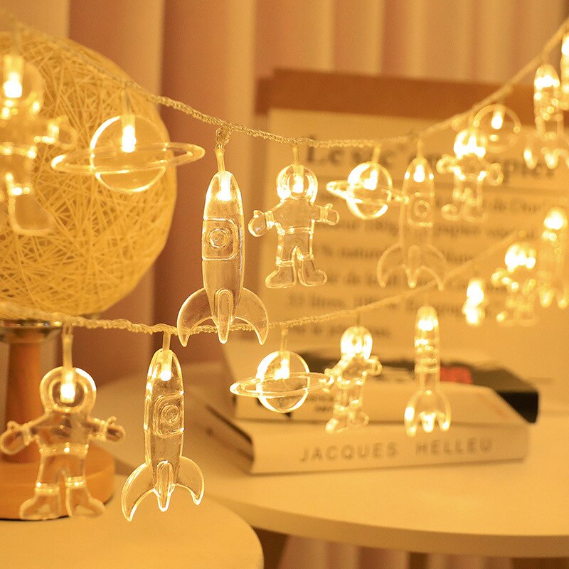 Guirlande lumineuse fusée planète 1.5m 3m, astronaute, alimenté par batterie, galaxie, décor de fête d&#39;anniversaire et de noël pour enfants