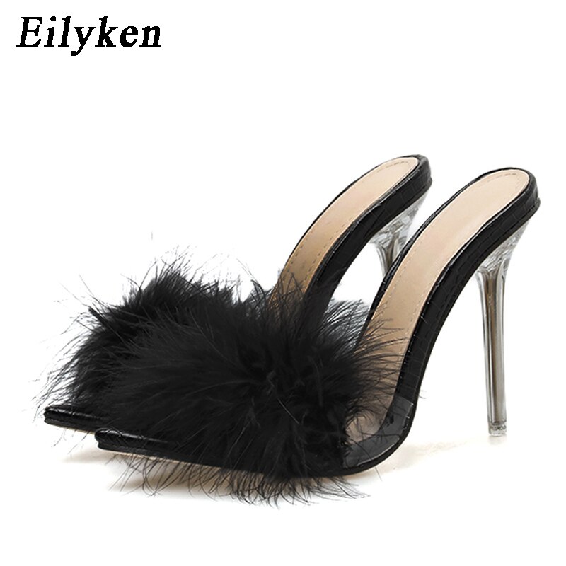 Eilyken kvinna tofflor fjäder pvc genomskinliga sandaler perspex höga klackar päls peep toe dam mulor slides skor