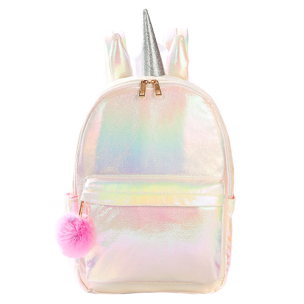 Elegante Mochila Unicórnio Moda Portátil Ombro Saco Saco De Armazenamento Colorido Brilhante Mochila para Meninas Da Escola: WHITE