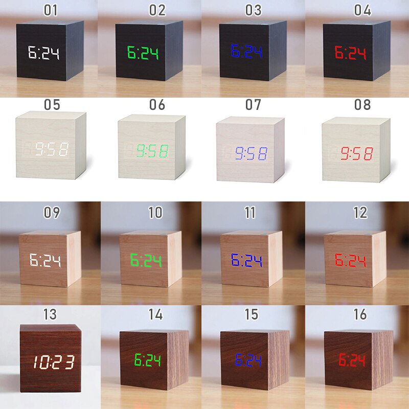 1PC Modern Wooden Cube USB Voice Digital Alarm Clock Digital Alarm LED Display Despertador Luminous Control Clock