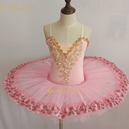Pink/purple/blue Ballet Dress Girls Tutu Ballet Women Dance Dress Gold Lace Ballerina Diamond Performance Costume: pink / Adult M