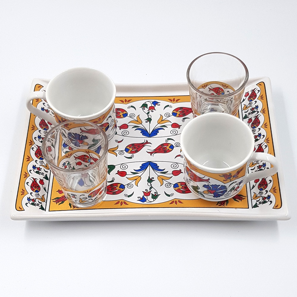 5 Piece Porcelain Flower Pattern Tea Set Tea Tray Turkey Istanbul Traditional Presentation Set 2 cups 2 cups 1 tray: Default Title