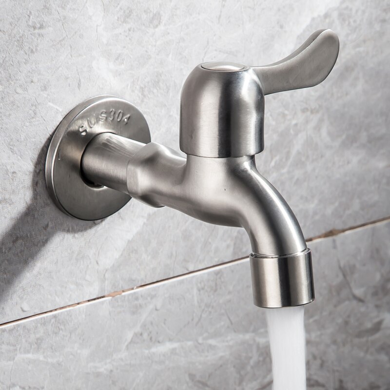 Wall Mounted Single Cold Water Faucet Washing Machine Sink Mop Pool Outdoor Garden Faucet 304 Stainless Steel Bathroom Tap