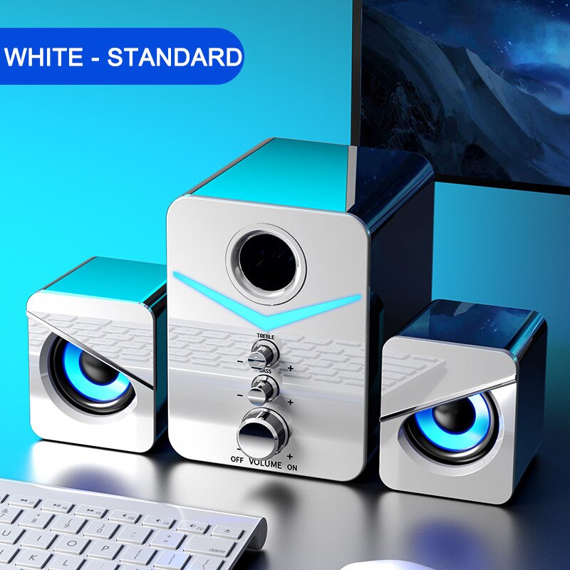 3PC Subwoofer Computer Combination Speakers Bass Stereo Music Player USB Wired LED Bass Stereo Player For Laptop PC: white standard