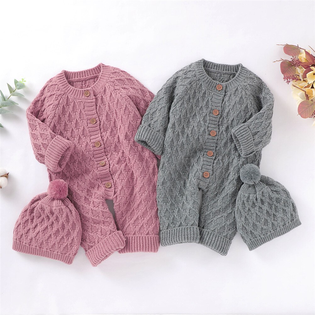 2 Stuks Set Winter Zuigelingen Baby Meisjes Jongens Romper Kleding Breien Jumpsuit + Hoeden Pak Peuter Lange Mouw Kruis Knoppen kleding