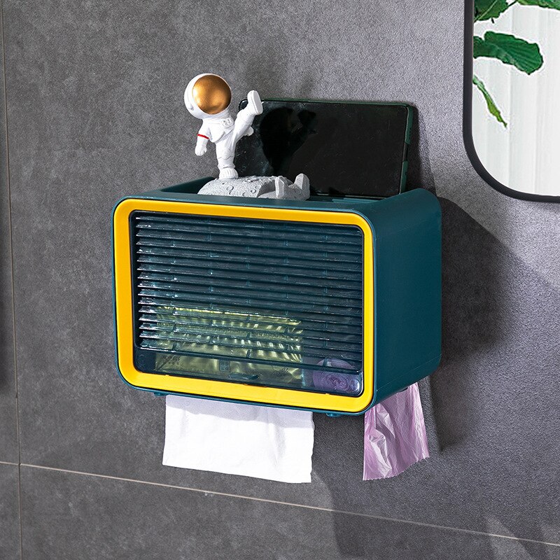 Multifunctional Tissue Storage Box Punch-free Waterproof Toilet Roll Paper Rack Wall-mounted Toilet Paper Drawer Box: Blue S
