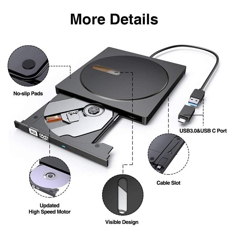 Unidad de CD DVD externa USB 3,0, reproductor de DVD tipo C, quemador Ultra fino para ordenador portátil, Mac, escritorio, PC, Ventana 10 8 7 XP