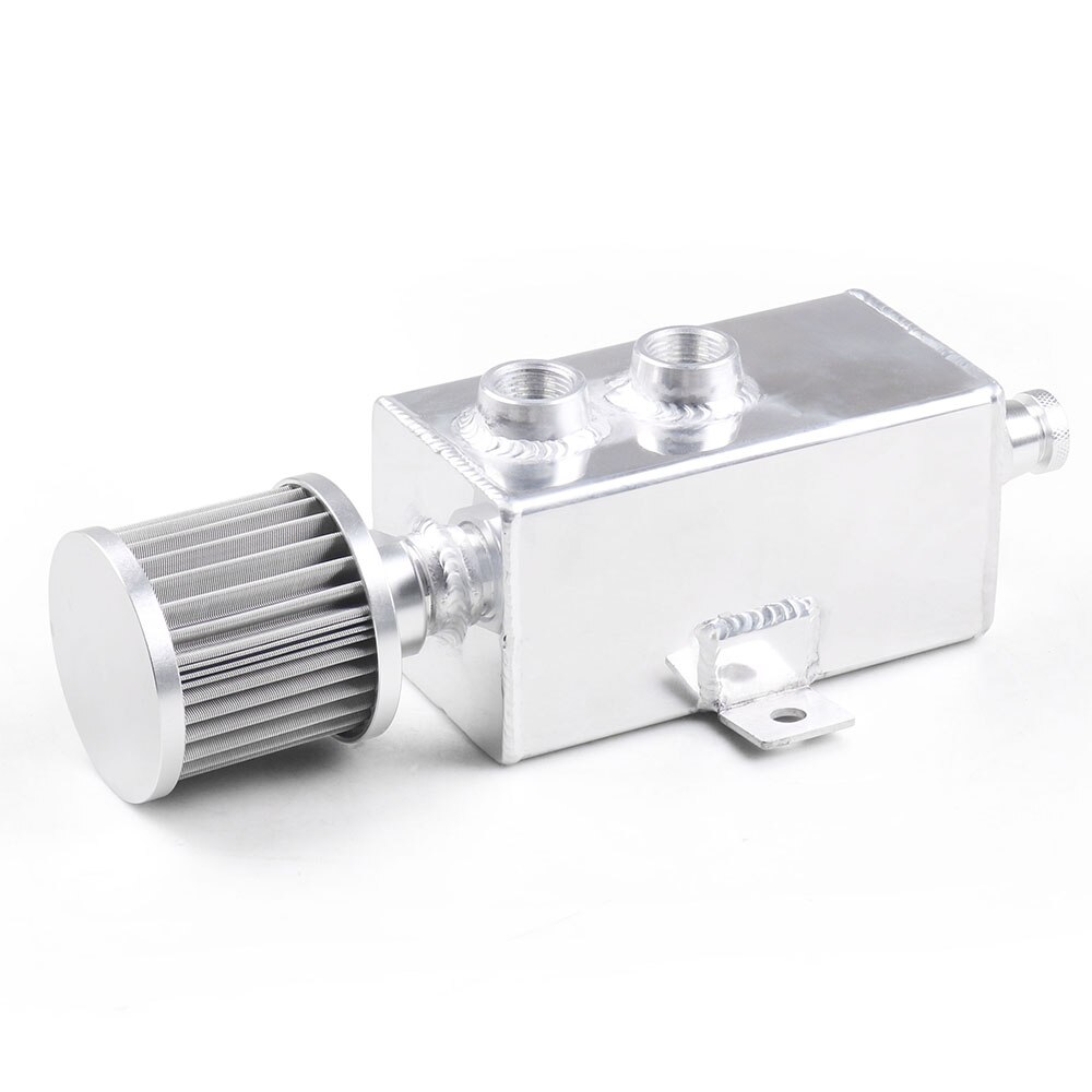 Tanque de combustible Universal para coche, lata de captura de aceite de aluminio de 1L, con respirador y drenaje de filtro: Plata