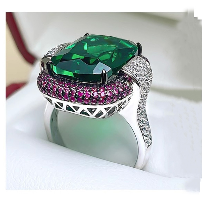 Anelli di smeraldi rubini color argento per le donne Fedi nuziali con diamanti da laboratorio Pietra preziosa Cocktail Party Gioielleria raffinata Regalo di anniversario femminile