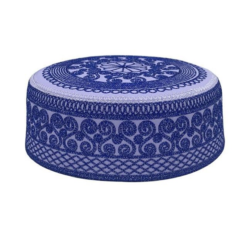 Hoed Mannen Vrouwen Aanbidding Saudi Arabië Platte Top Tulband Moslim Cap Gebed Islam Egyptische Kufi Topi Print Borduurwerk Zomer Winter: 036801 blue / Xl