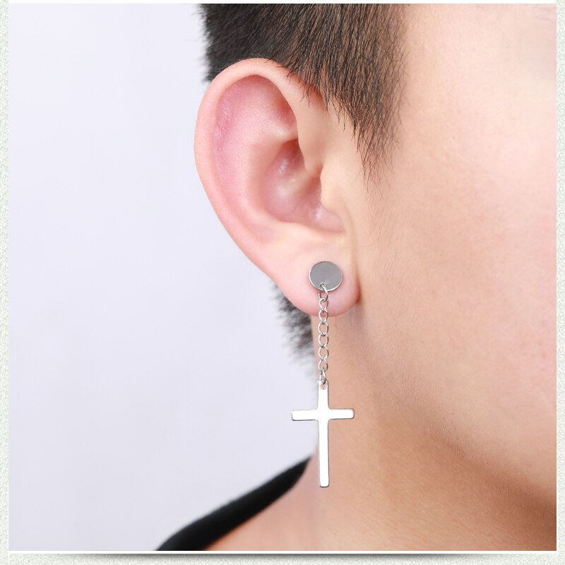 Punk Cross Stud Earrings For Men Women Black/Steel/Gold Chain Pendant Tassel Earrings Unisex Earrings Jewelry