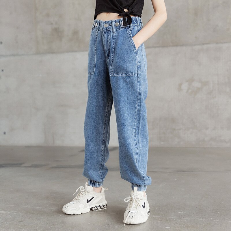 Pantalones vaqueros de cintura alta para niña, pantalón harén azul para adolescente, ropa informal para niño de 12, 13 y 14 años, Primavera: Navy blue / 120cm