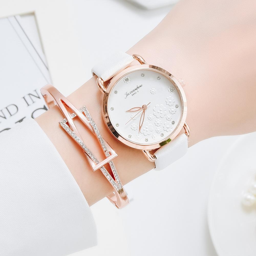 Frauen Diamant Uhr Blumen Runden Zifferblatt Armbinde Uhren einstellen Damen Leder Band Quarz Armbanduhr Weibliche Uhr Zegarek Damski