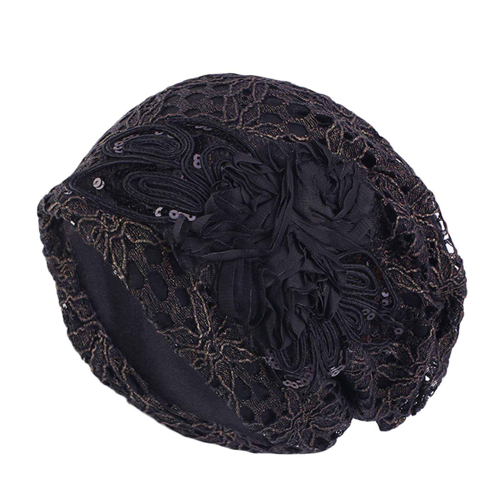 Lady Lace Muslim Ruffle Hat Beanie Scarf Turban Head Wrap Cap Hat Ethnic Style Lace Sequined Large Flower Ear Cap: BK