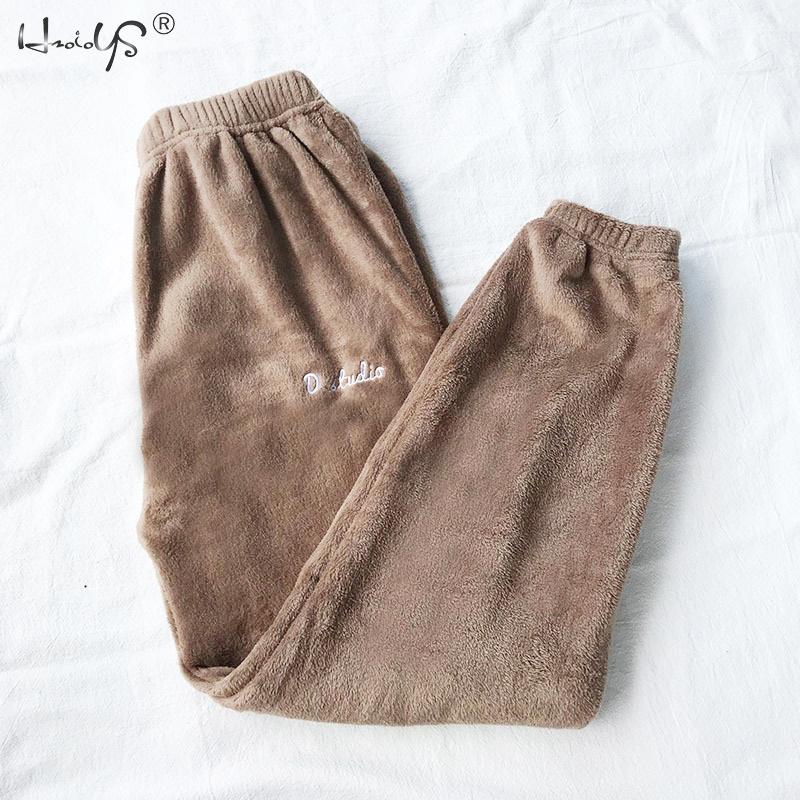 Inverno feminino flanela de veludo pijamas define pijamas grosso solto casual macio quente camisola de casa roupas femininas terno pijamas: Pant Brown