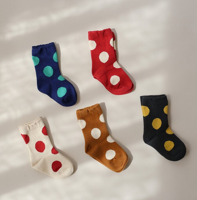 Outono inverno bebê meninos meninas bonito dot malha meias crianças casuais sockes define 5 pares: L (7-9 years )