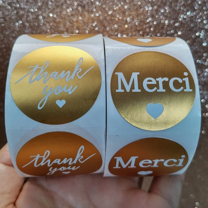 500Pcs/Roll Franse Dank U Sticker Handgemaakte Kerst Briefpapier Decoratie Sticker Goud Folie Papier Afdichting Label Sticker