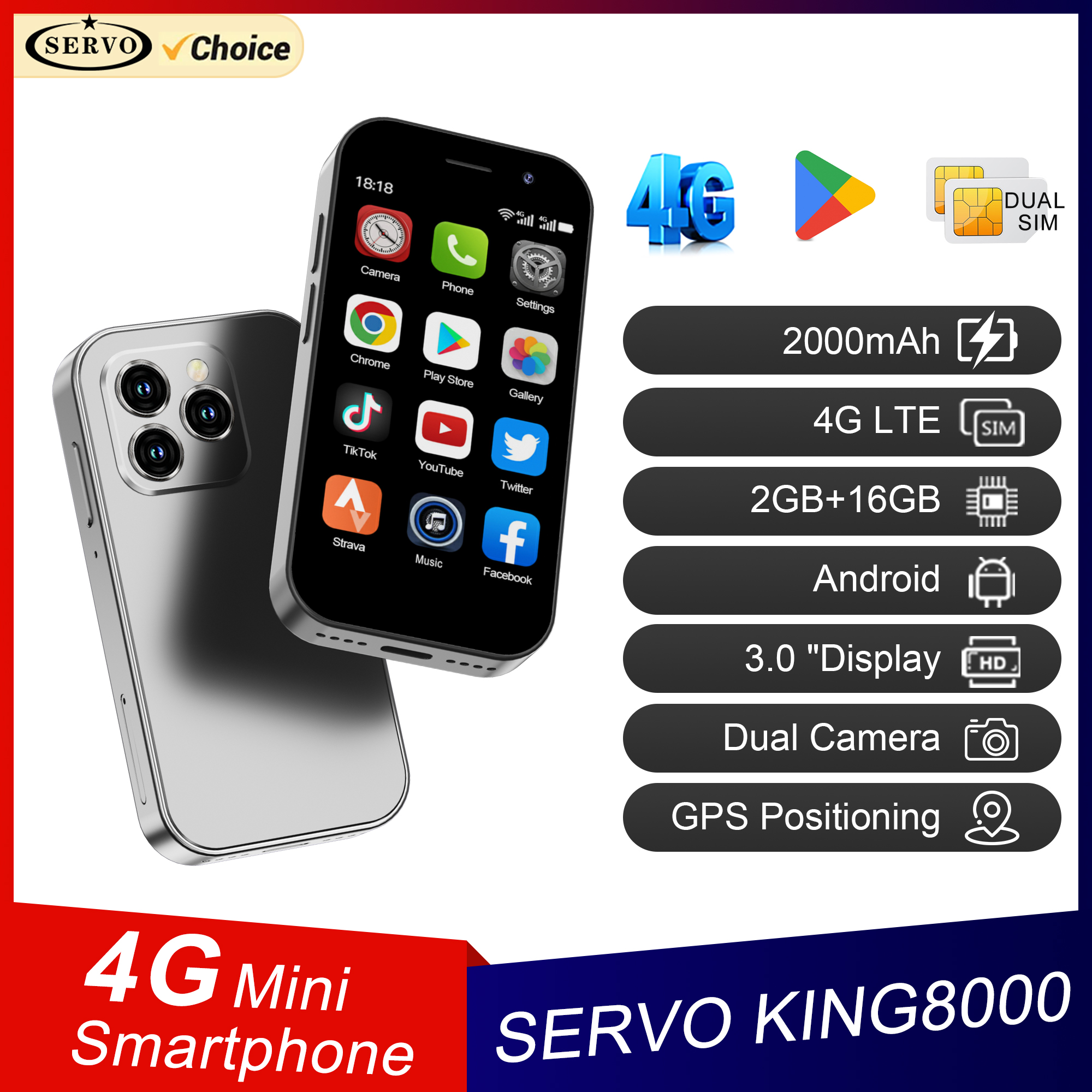 SERVO KING8000 Mini smartphone di rete cellulare 4G Android 10.0 2 GB + 16 GB Display da 3 "Camera da 5 MP Doppia SIM con Play Store WhatsAPP