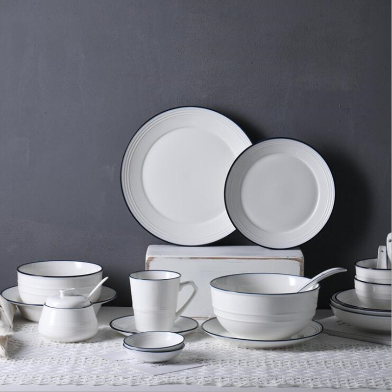 White screw Thread Dinner Plate Ceramic Kitchen Plate Tableware Set Food Dishes Rice Salad Noodles Bowl Soup Bowl 1pc