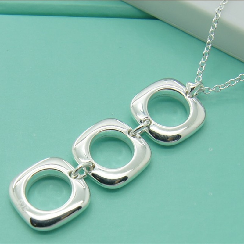 Sieraden 925 sterling zilveren ketting drie vierkante cirkel hanger ketting zilveren ketting vrouw bruiloft bruiloft