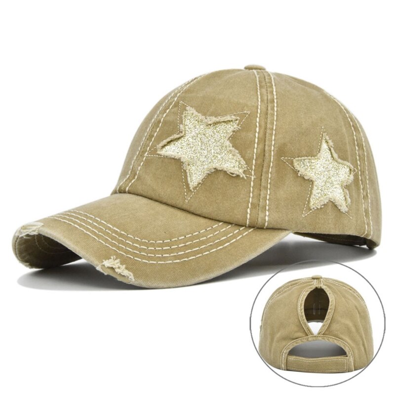 Vrouwen Gewassen Baseball Cap Glitter Ster Borduurwerk Verontruste Paardenstaart Gat Hoed: Khaki