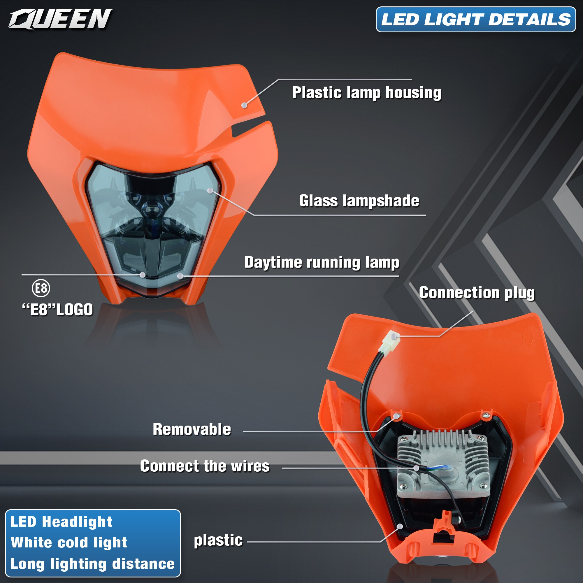 KÖNIGIN X Motor- Motorrad LED Scheinwerfer Scheinwerfer Kopf Licht Supermoto Verkleidung Für KTM EXC SXF MX Schmutz Fahrrad Enduro LED scheinwerfer