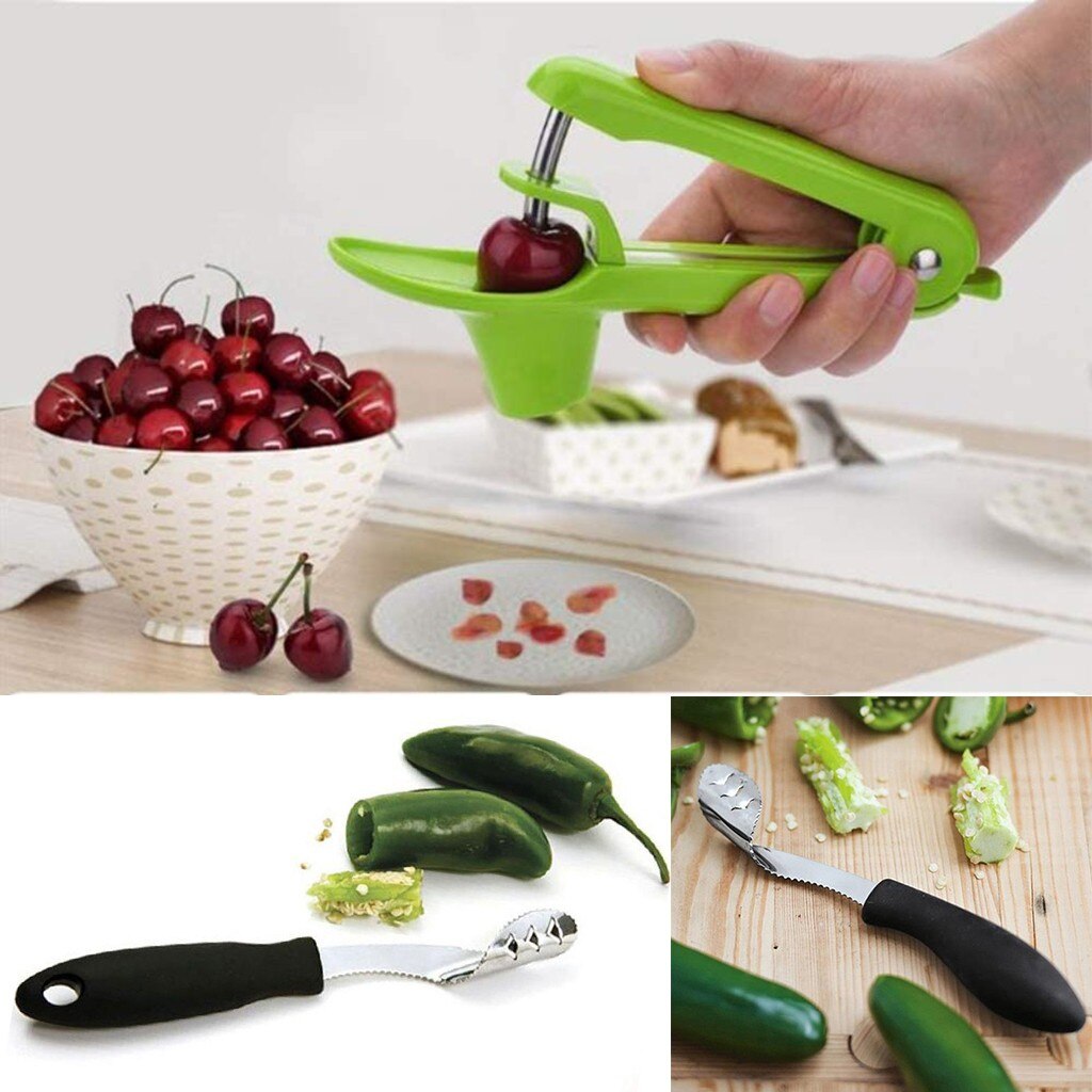 Roestvrijstalen jalapeñopeper zaaimachine handvat gekarteld rand ontpitter kersen olijf ontpit handzame chili ontpitter
