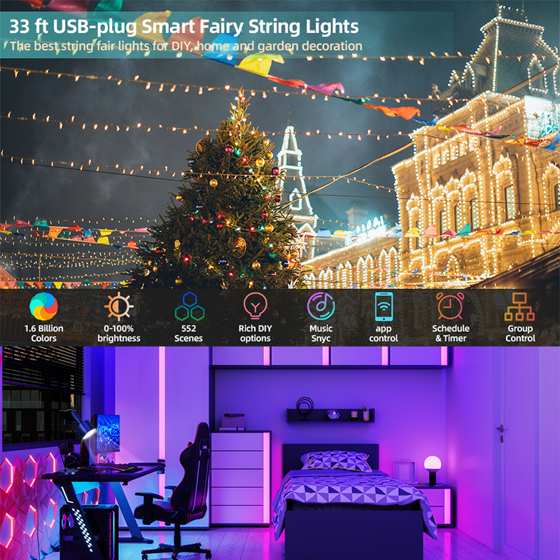 LED Multicolor Fairy String Lights, 10m 100leds 5V Addressable Waterproof Curtain Lights, Christmas Lights Remote & Bluetooth