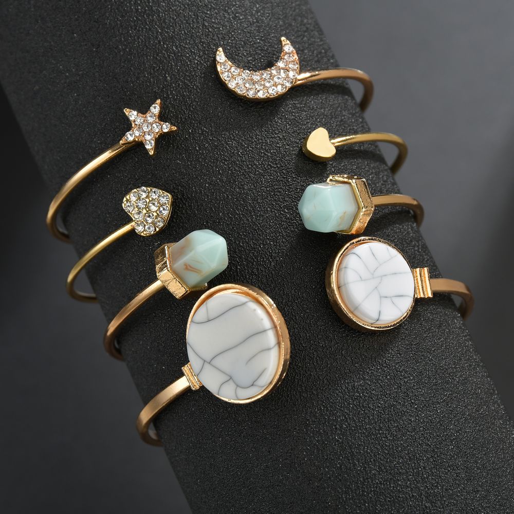 5 Stks/set Mode Bohemen Leaf Heart Moon Star Manchet Bangle Voor Vrouwen Eenvoudige Goud Kleur Geometrische Open Bangle Armbanden Sieraden