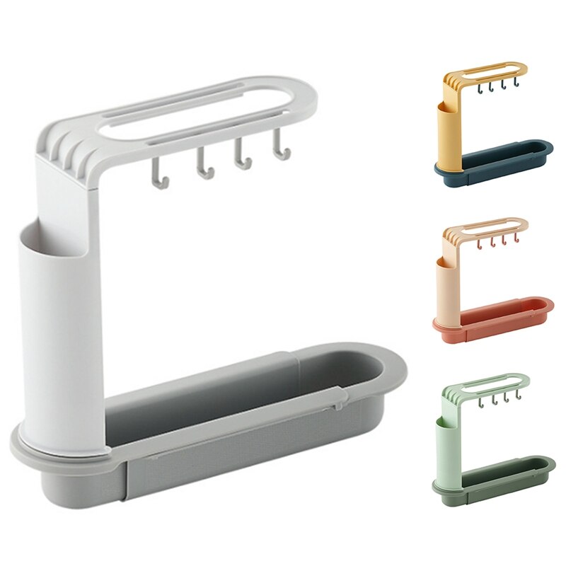 Retráctil rejilla para escurrir para fregadero de cuatro-Perchero de almacenamiento con gancho con trapo titular palillo jaula accesorios de cocina